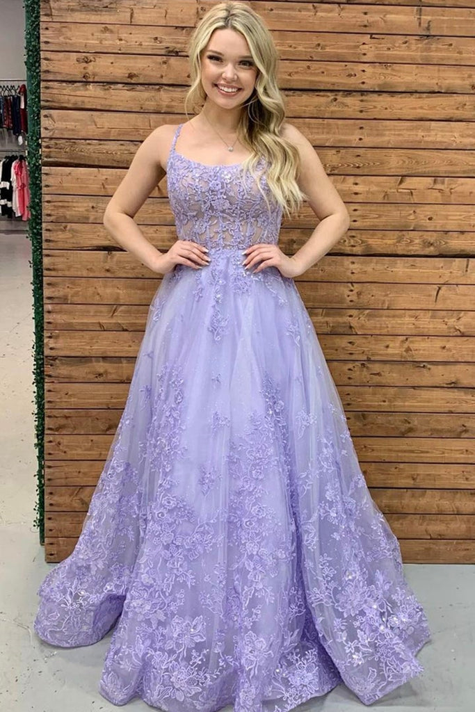 Purple Lace Floral Long Prom Dress ...